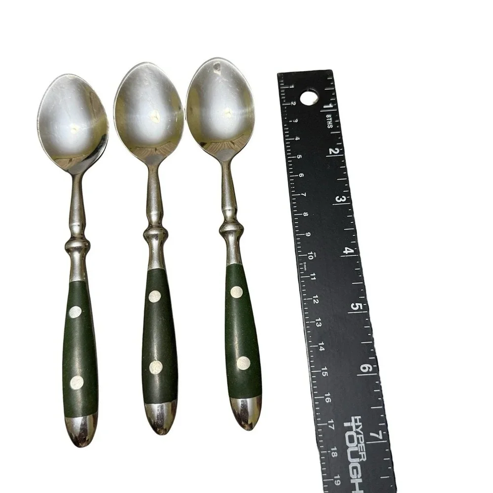 Set 7 Stainless Steel Teaspoons Green Rivet Handle Flatware Vintage